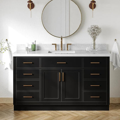 Isabella 60 Inch Bathroom Vanity Single Sink — Black Bathroom Vanity with Sink, 1.5" Edge Italian Carrara Marble Countertop, Solid Wood, 2 Soft-Close Doors, 8 Dovetail Drawers + Tilt Drawer