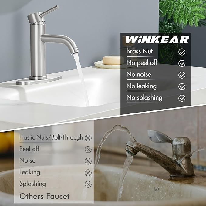Brushed Nickel Bathroom Faucet, WINKEAR Single Hole Bathroom Faucet with Pop-up Drain and Flexible Hoses, Single Handle for Sink, Vanity, RV, Modern Farmhouse