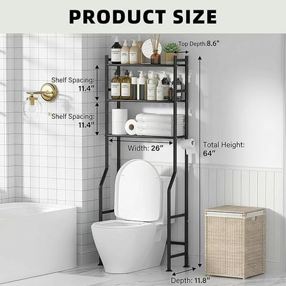 3-Tier Over Toilet Storage with Anti-Tilt Safety System - 150lb Total Capacity Metal Bathroom Shelves Including Paper Holder & 4 Hooks, Space Saving Above Commode Organizer (64" H, Black)