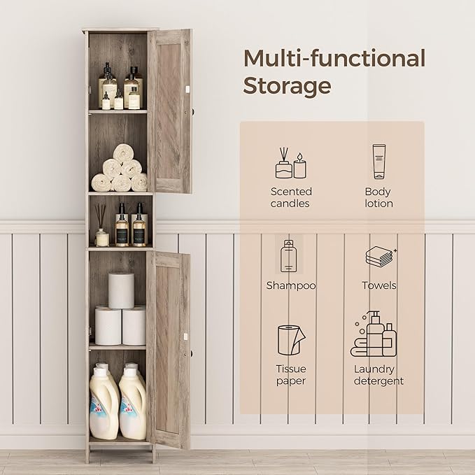 Tall Bathroom Storage Cabinet with 2 Doors, 67"H Narrow Storage Cabinet with Adjustable Shelves& Anti-Tip Design, Reversible Door Installation, Easy Assembly, 11.8 x 11.8 x 66.9 Inches, Greige