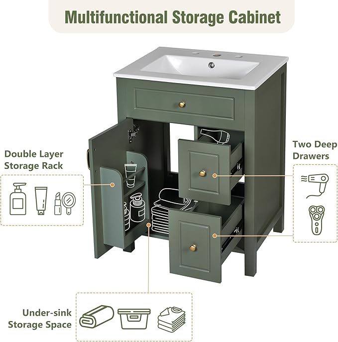 Favfurish 24" Bathroom Vanity with Ceramic Sink,Free Standing Single Basin Vanity w/Soft Close Door and Soft Closing Drawers,Wooden Bath Cabinet with Double Storage Racks on The Door,Green