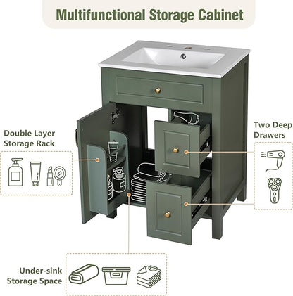 Favfurish 24" Bathroom Vanity with Ceramic Sink,Free Standing Single Basin Vanity w/Soft Close Door and Soft Closing Drawers,Wooden Bath Cabinet with Double Storage Racks on The Door,Green