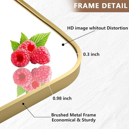 Brushed Gold Mirror, 40"x30" Rectangle Bathroom Mirror, Metal Frame Rectangle Corner Vanity Mirror, Wall Mounted Mirror for Modern, Living Room, Bedroom, Horizontal Or Vertical