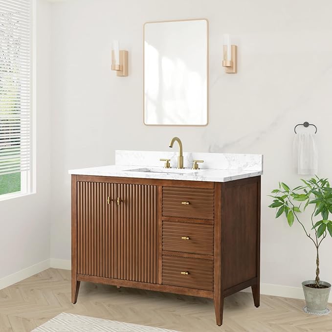 HOMEBEYOND 42" Bathroom Vanity with Sink, Solid Wood Bathroom Vanity Free-Standing Cabinet, Drawers, Ceramic Top & Soft Closing Door, Golden Brushed Handware, Walnut