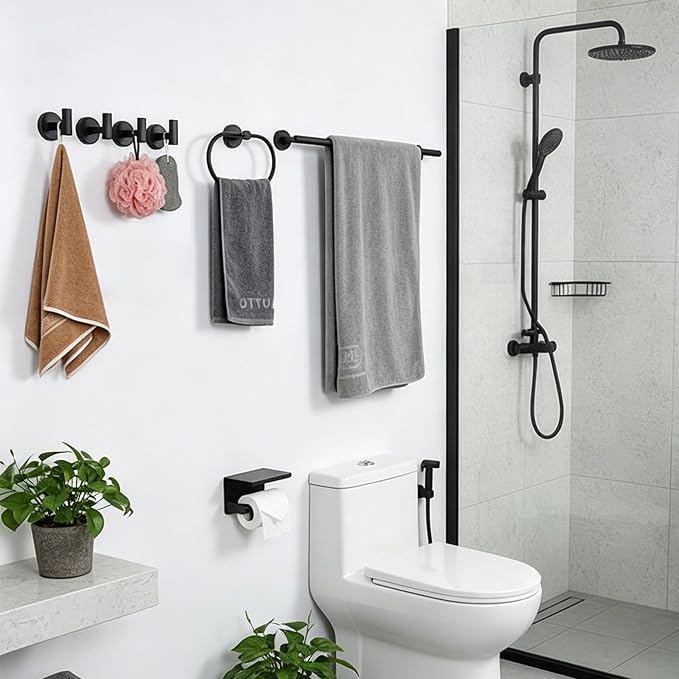 7-Piece Bathroom Hardware Accessories Set, SUS304 Towel Bar, Black | 25.9-Inch Towel Rack, Oval Towel Ring, Toilet Paper Holder with Shelf & 4 Robe Towel Hooks, Wall-Mounted Towel Holder Set