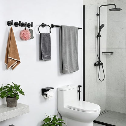 7-Piece Bathroom Hardware Accessories Set, SUS304 Towel Bar, Black | 25.9-Inch Towel Rack, Oval Towel Ring, Toilet Paper Holder with Shelf & 4 Robe Towel Hooks, Wall-Mounted Towel Holder Set