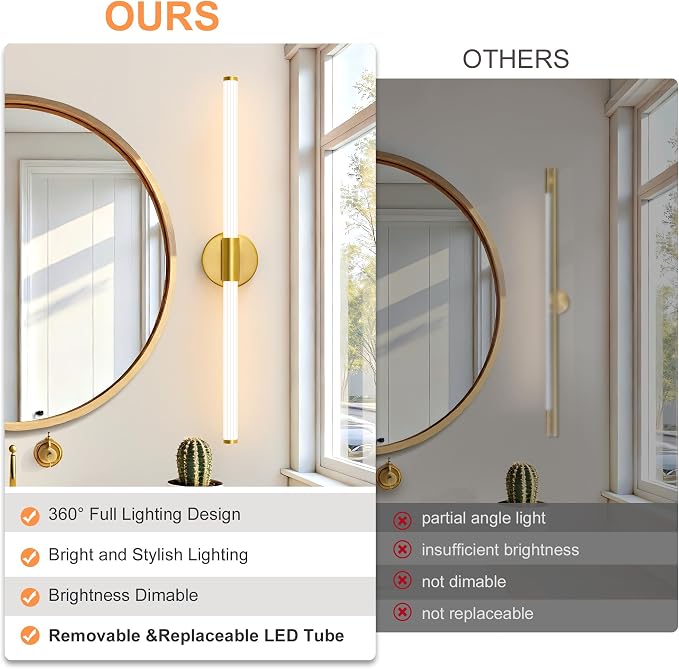 LED Bathroom Vanity Lights Gold Wall Sconce Modern 30" | 360° Bright Bathroom Light Fixture, Dimmable Vanity Light Bar, Hardwired Wall Light 3000K Warm White for Mirror