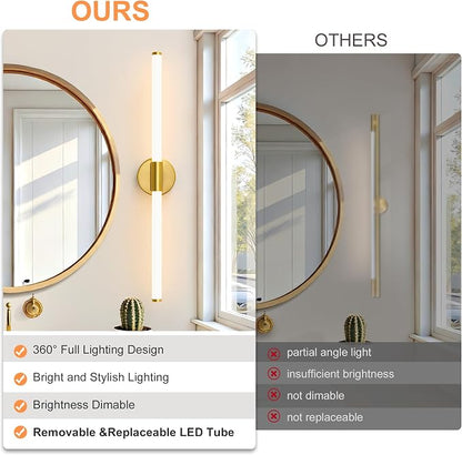 LED Bathroom Vanity Lights Gold Wall Sconce Modern 30" | 360° Bright Bathroom Light Fixture, Dimmable Vanity Light Bar, Hardwired Wall Light 3000K Warm White for Mirror