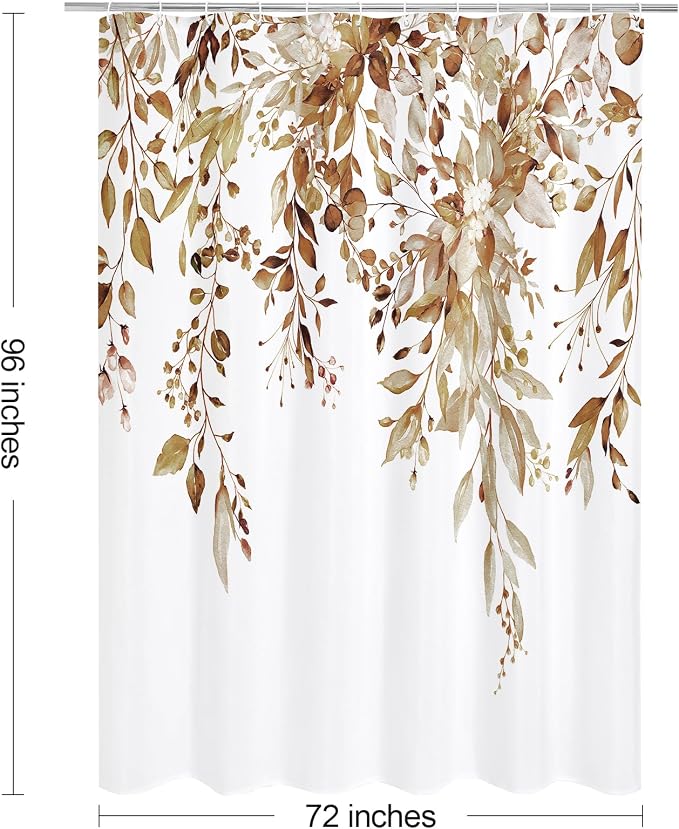 Brown Eucalyptus Shower Curtain, Watercolor Floral Print, 72x96 | Watercolor Plant Leaves Floral Print, Extra Long Waterproof Fabric Bathroom Decor, Machine Washable, Rustproof Grommets