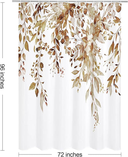 Brown Eucalyptus Shower Curtain, Watercolor Floral Print, 72x96 | Watercolor Plant Leaves Floral Print, Extra Long Waterproof Fabric Bathroom Decor, Machine Washable, Rustproof Grommets