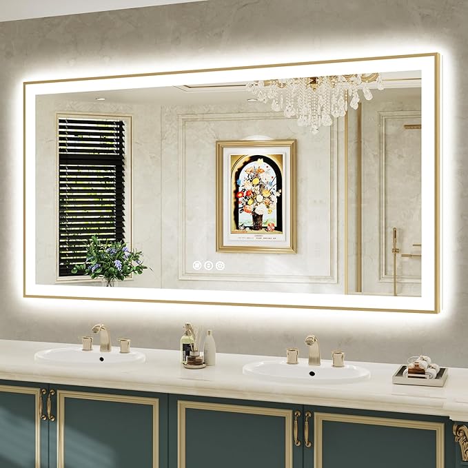 68x36 Inch LED Bathroom Mirror with Lights (Front Lit and Backlit) Gold Framed Lighted Vanity Mirror for Bathroom Wall Dimmable Anti-Fog Memory Tempered Glass Horizontal/Vertical