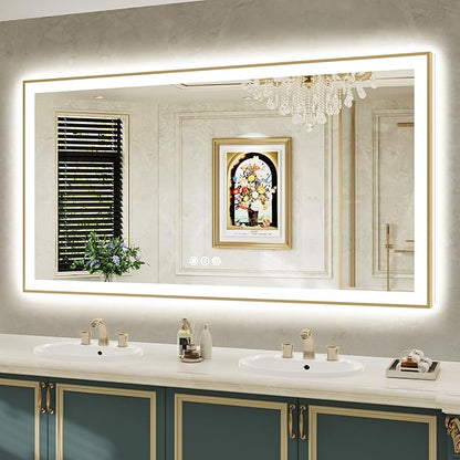 68x36 Inch LED Bathroom Mirror with Lights (Front Lit and Backlit) Gold Framed Lighted Vanity Mirror for Bathroom Wall Dimmable Anti-Fog Memory Tempered Glass Horizontal/Vertical