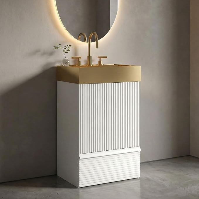 20″ Bathroom Vanity with Sink, Mid-Century Modern Fluted Style, Matte White | Gold Stainless Steel Sink, Soft-Close Drawer & Door, Organized Storage for Small Space, Powder Room, Apartment, Hotel