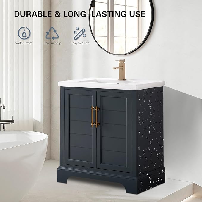 HOMEBEYOND 30 Inch Bathroom Vanity with Single Sink & Ceramic Top, Vanity Cabinet with Center Countertop Basin, Soft-Closing Doors, Vintage Spruce Blue