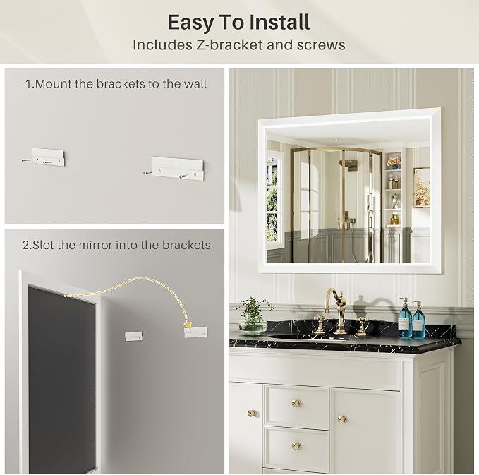 Bathroom Wall Mirror, White Metal Frame, 60x36 Inch | Anti-rust, HD tempered glass, for bathroom vanity, bedroom, living room, horizontal or vertical mount