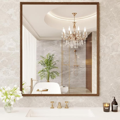 Rectangle Bathroom Mirror 30x36 Inch, Walnut Wood Grain Framed, Anti-Rust & 4mm Tempered Glass, Horizontal/Vertical Hanging Vanity Mirror for Bathroom & Bedroom