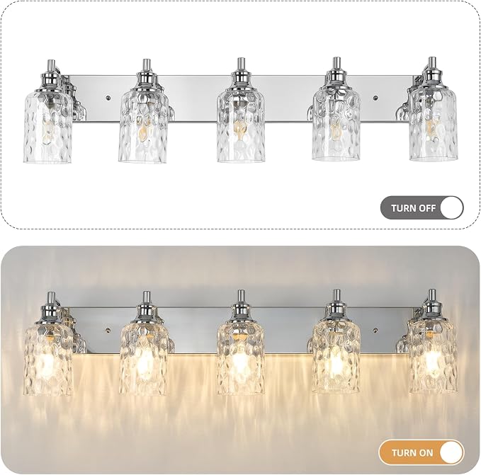 Bathroom Light Fixtures Over Mirror, 2 Lights Vanity Lights with Hammered Glass Shade, 37" Chrome Farmhouse Bathroom Light Fixtures for Bedroom, Porch, Hotel, Mirror Cabinet