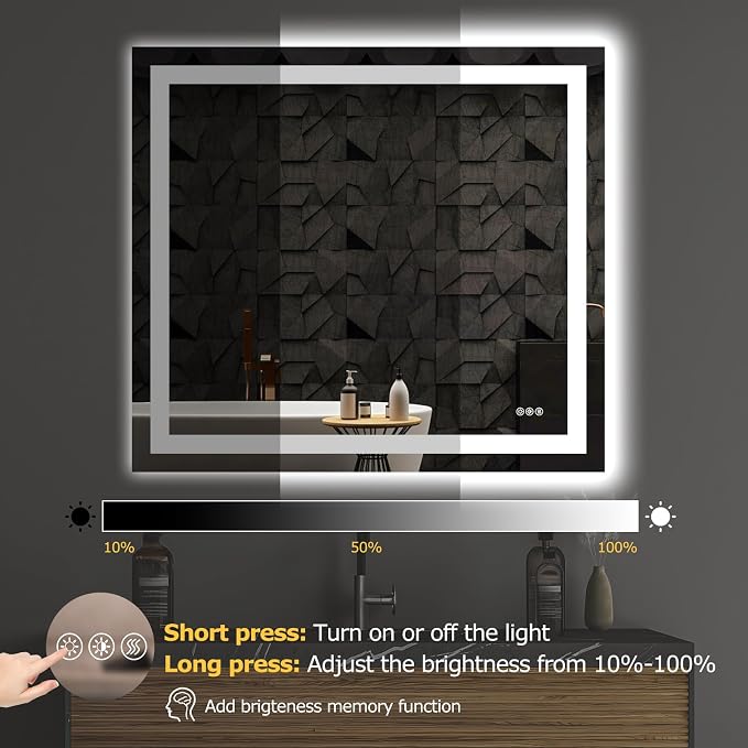 Hivone 40"X36" LED Bathroom Mirror with Lights, Anti-Fog, Dimmable, Backlit + Front Lit, Smart Bathroom Vanity Mirror, Memory Function, Shatterproof, Tempered Glass (Horizontal/Vertical)