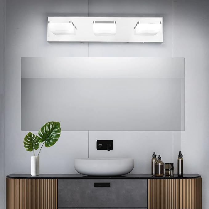 GOODATE 3 Colors Dimmable Bathroom Light Fixtures Over Mirror, LED Chrome Vanity Lights, Acrylic Stainless Steel 3 Light Bathroom Vanity Light, Adjustable 3000K/4000K/6000K, 360° Rotate