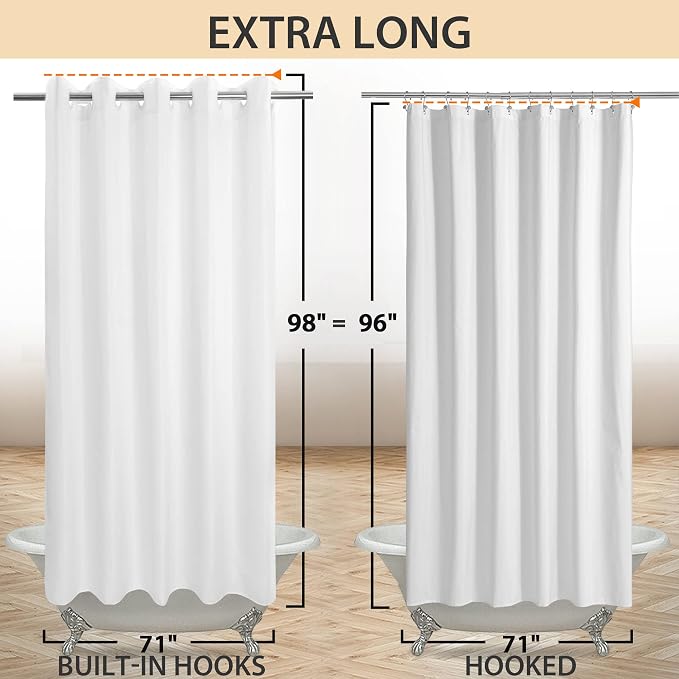 River Dream Extra Long No Hook Shower Curtain or Liner 71x98, White | Soft Microfiber, Bottom Magnets, XL Waterproof Fabric Shower Curtain Set, Machine Washable, 71W x 98H