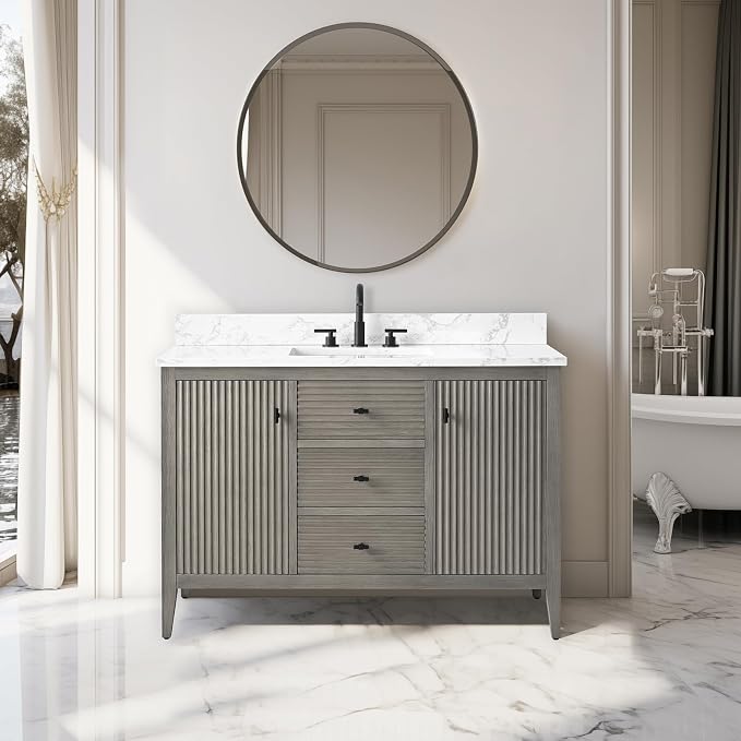 Vanity Art 48 inch Bathroom Vanity with Single Sink & Ceramic Top, Vanity Cabinet with Soft-Closing Door, Solid Wood Frame, Linear Pattern, Driftwood Gray, VA9148-DG-MB,Matte Black Handles