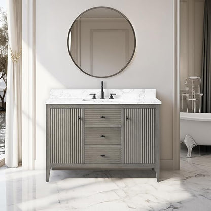 Vanity Art 48 inch Bathroom Vanity with Single Sink & Ceramic Top, Vanity Cabinet with Soft-Closing Door, Solid Wood Frame, Linear Pattern, Driftwood Gray, VA9148-DG-MB,Matte Black Handles