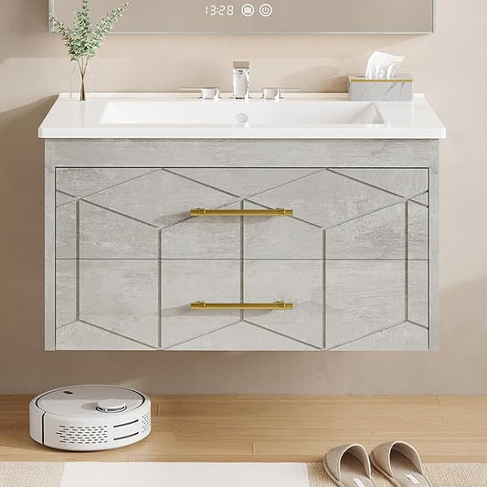 Garvee 30" Bathroom Vanity with Sink, Floating Bathroom Vanity with Ceramic Basin, 2 Large Storage Drawers with Gold Metal Handle, Modern Wall Mounted Bathroom Cabinet with Sink, Grey
