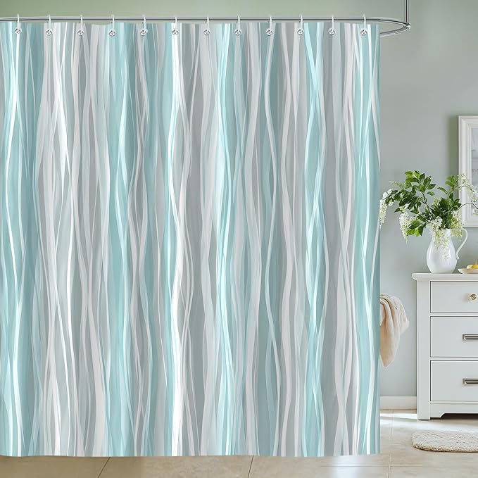Moonslim Teal Grey Ombre Shower Curtain, Modern Wavy Abstract Striped Line Bathroom Curtain, Waterproof Fabric Bath Decor, 72 x 78 Inch