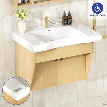 30" Floating Vanity ADA Compliant Modern Wall-Mount Small Bathroom Vanity with Ceramics Sink Modern Hand & Mirror Cabinet Combo with Two Doors for Elderly, Seniors, Handicap & Disabled