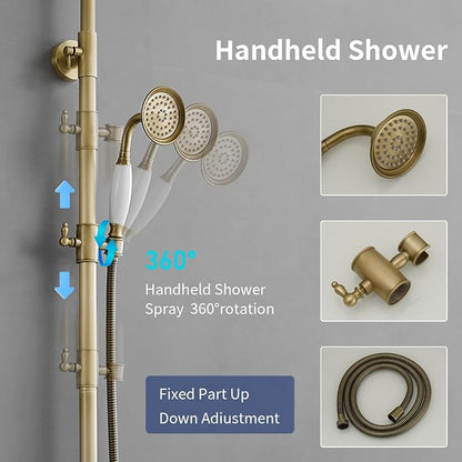 Outdoor Shower Features, Exposed Shower System 3 Function | 8 Inch Rain Shower Head,Handheld Shower Head & Tub Spout,Solid Brass,Dual Handle,High Pressure,Wall Mounted,Antique Brass