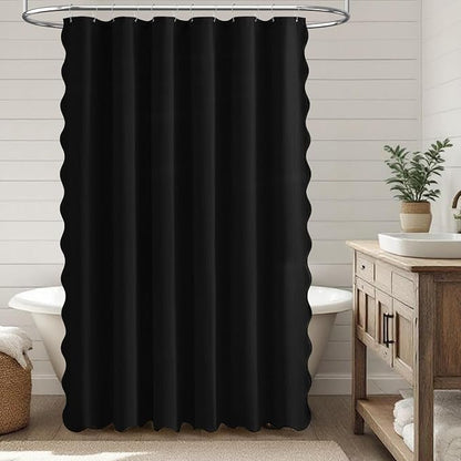 BTTN 72x78 Boho Scalloped Linen Textured Cloth Shower Curtain Set, Black | Long Size, 230GSM Waterproof Polyester, Heavy Duty Fabric, 12 Plastic Hooks, Elegant Modern Farmhouse Style, Machine Washable