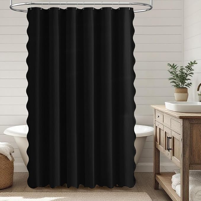 BTTN Extra Long Boho Scalloped Linen Textured Shower Curtain, 72x96, Black | Extra Tall Size, 230GSM Waterproof Polyester, Heavy Duty Fabric, 12 Plastic Hooks, Elegant Farmhouse Style, Machine Washable