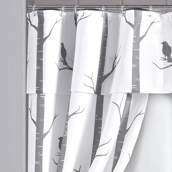 Lush Decor Bird On The Tree Double Swag Shower Curtain with Peva Lining & Rings, Gray, 16 Pieces