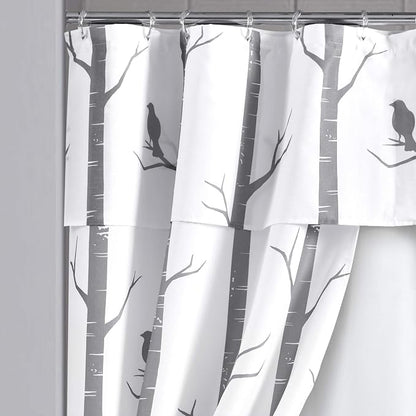 Lush Decor Bird On The Tree Double Swag Shower Curtain with Peva Lining & Rings, Gray, 16 Pieces