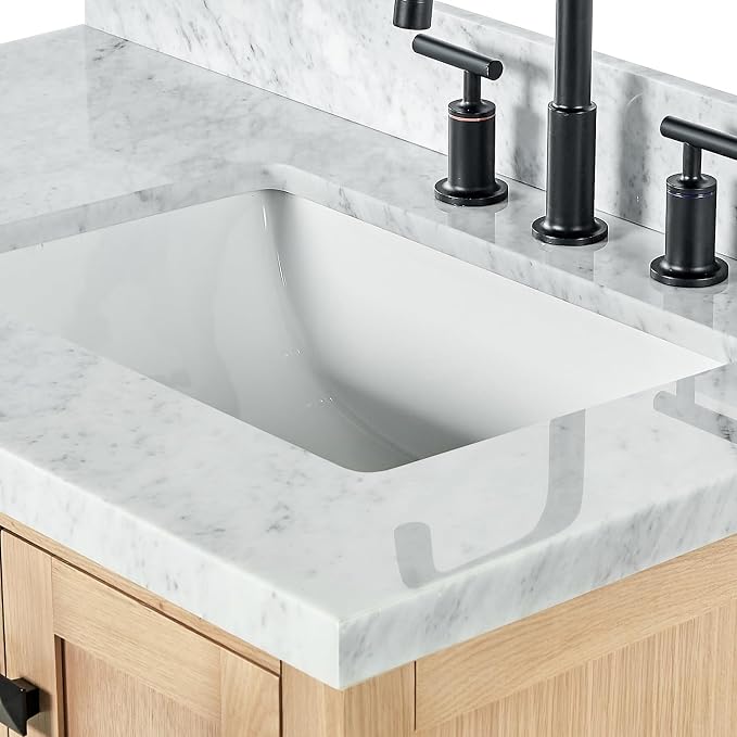 ARIEL Cambridge 36-inch Bathroom Vanity with Sink,Solid Wood, 1.5-inch Italian Carrara Marble Countertop, Single Rectangular Porcelain Sink, 2 Soft Closing Doors, 5 Dovetail Drawers, White Oak