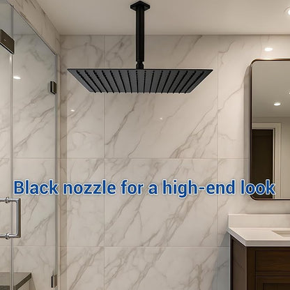 16 Inch Rain Shower Head,Rainfall Showerhead for Bathroom | All Metal 304 Stainless Steel with 324 Silicone Nozzel, Full Body Coverage,Ceiling Mount,Matte Black