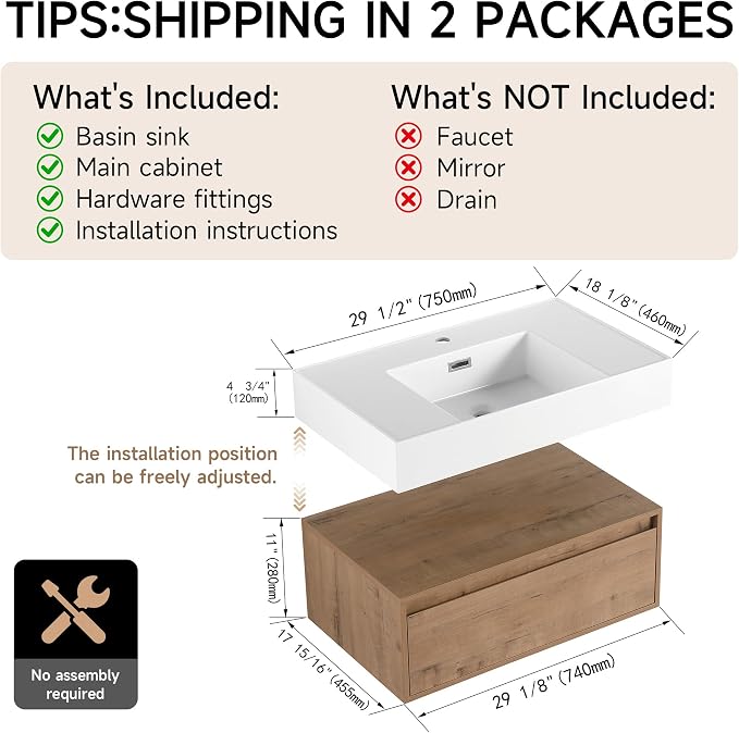 30 Inch Floating Bathroom Vanity with Sink, Modern Wall-Mounted Bathroom Cabinet with Resin Sink & Soft Close Drawer, Split-Level Layout (Nature Oak, 30")