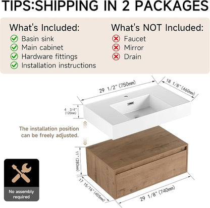 30 Inch Floating Bathroom Vanity with Sink, Modern Wall-Mounted Bathroom Cabinet with Resin Sink & Soft Close Drawer, Split-Level Layout (Nature Oak, 30")