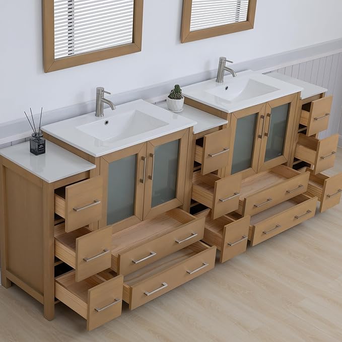 Vanity Art 96 Inch Under Mount Double Sink Bathroom Vanity Cabinet with 2 Mirrors, Ceramic Top Bathroom Cabinet Compact Set with 13 Dovetail Storage Drawers and Brushed Nickel Handles, VA3030-96-NO