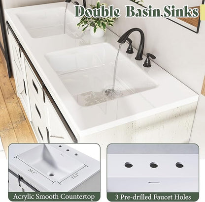 60" Farmhouse Sliding Barn Door Double Vanity with Sink Combo, Freestanding Bathroom Vanity Cabinet with Drawers & Metal Handles, Distressed White