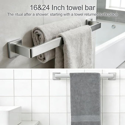 6-Pieces Bathroom Hardware Set Brushed Nickel Bathroom Accessories Set SUS304 Towel Bar Set Includes Towel Bar 24&16 Inch+Towel Holder+Toilet Paper Holder+2 Towel Hooks (6, Brushed Nickel, 24 Inch)