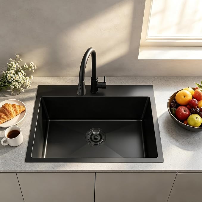 28x18 Inch Black Kitchen Sink, Topmount Drop In Stainless Steel Single Bowl Kitchen Sink, 16 Gauge Extra-Thick Modern Bar Prep RV Laundry Sinks with Mounting Brackets and Basket Strainer