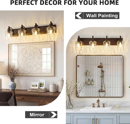 Bathroom Light Fixtures Farmhouse Oil Rubbed Bronze Vanity Lights for Bathroom Lighting Fixtures Over Mirror with Hammered Glass Lampshade for Cabinet Mirror Bedroom Hallway 4 Light