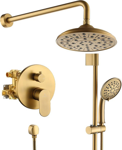 MONDAWE 8 Inch Wall Mounted Shower Faucet Set in Brushed Gold, Rainfall Shower Head with 3-Setting Handheld Spray Shower Set Combo, High Pressure Shower System with Solid Brass Valve
