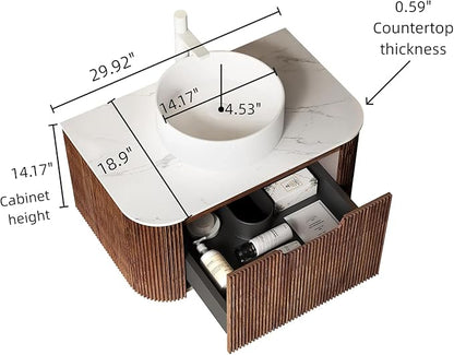 LKTART 30 Inch Floating Bathroom Vanity with Sink, Modern Wall Mounted Bathroom Storage Cabinet with Drawer, Round White Ceramic Sink Top and Marble Texture Top,Walnut