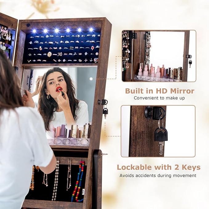 CHARMAID Jewelry Armoire Cabinet with Full Length Mirror, 6 LEDs Standing Lockable Jewelry Organizer with Vanity Makeup Mirror, 4 Storage Drawers, 4 Shelves, Lipstick Tray, 4 Angles (Rustic Brown)