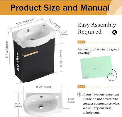Malwee 16 Inch Floating Bathroom Vanity with Sink, 16'' Wall Mounted Single Sink Bathroom Vanity Combo, Modern Black Cabinet Set with 1 Soft Close Door and Ceramics Basin Top,MAF02916-BCT