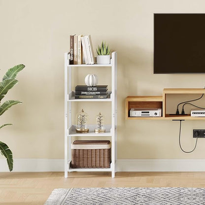 Rolanstar Bookshelf, 4-Tier Storage Rack, Narrow Corner Bookshelf, Display Wooden Shelves for Living Room, Bathroom, Balcony, Kitchen,White