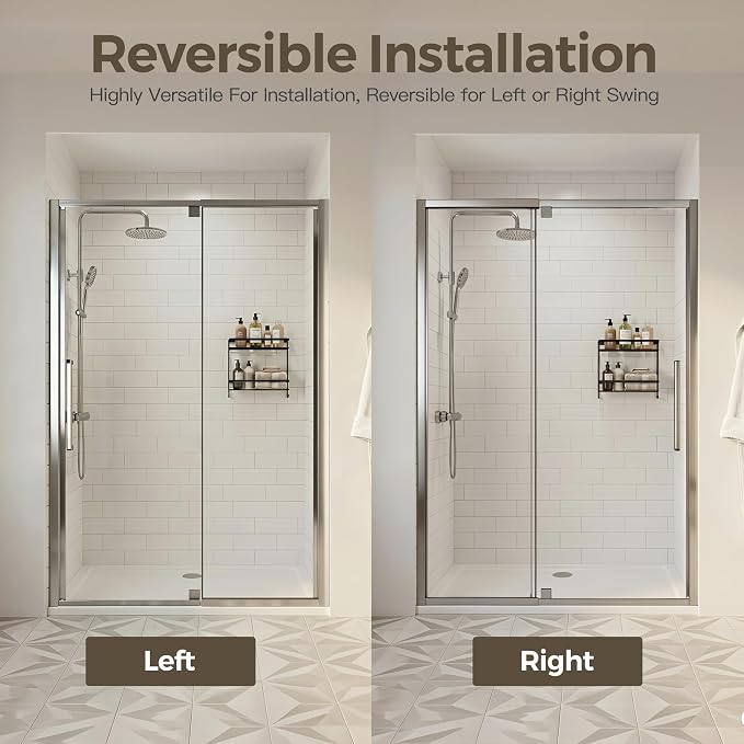 44-48" W x 72" H Semi-Frameless Pivot Swing Shower Doors, Chrome Finish | 1/4" (6mm) Clear SGCC Tempered Glass with a 24.8" walk-in opening, Reversible Installation, Magnetic Closing