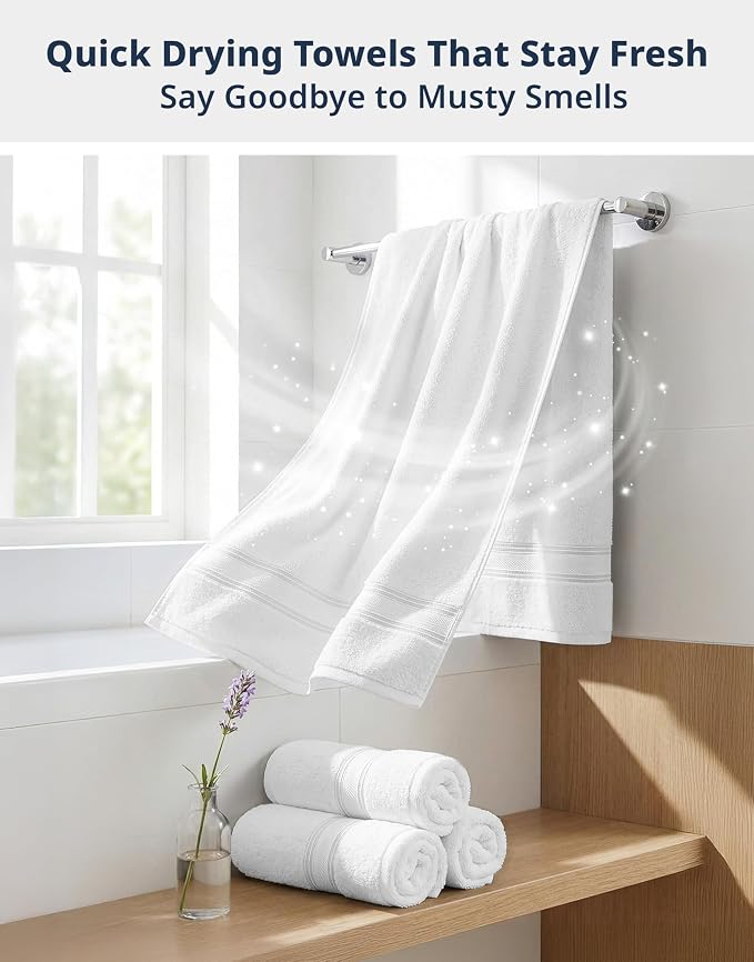 LANE LINEN Large Bath Towel Set Absorbent Quick Dry 100% Cotton - White | Bath Towels Set Of 4 - Fade-Resistant Color, Classic Terry Weave, Densely Woven, Coordinated Colors, Dobby Border Accent